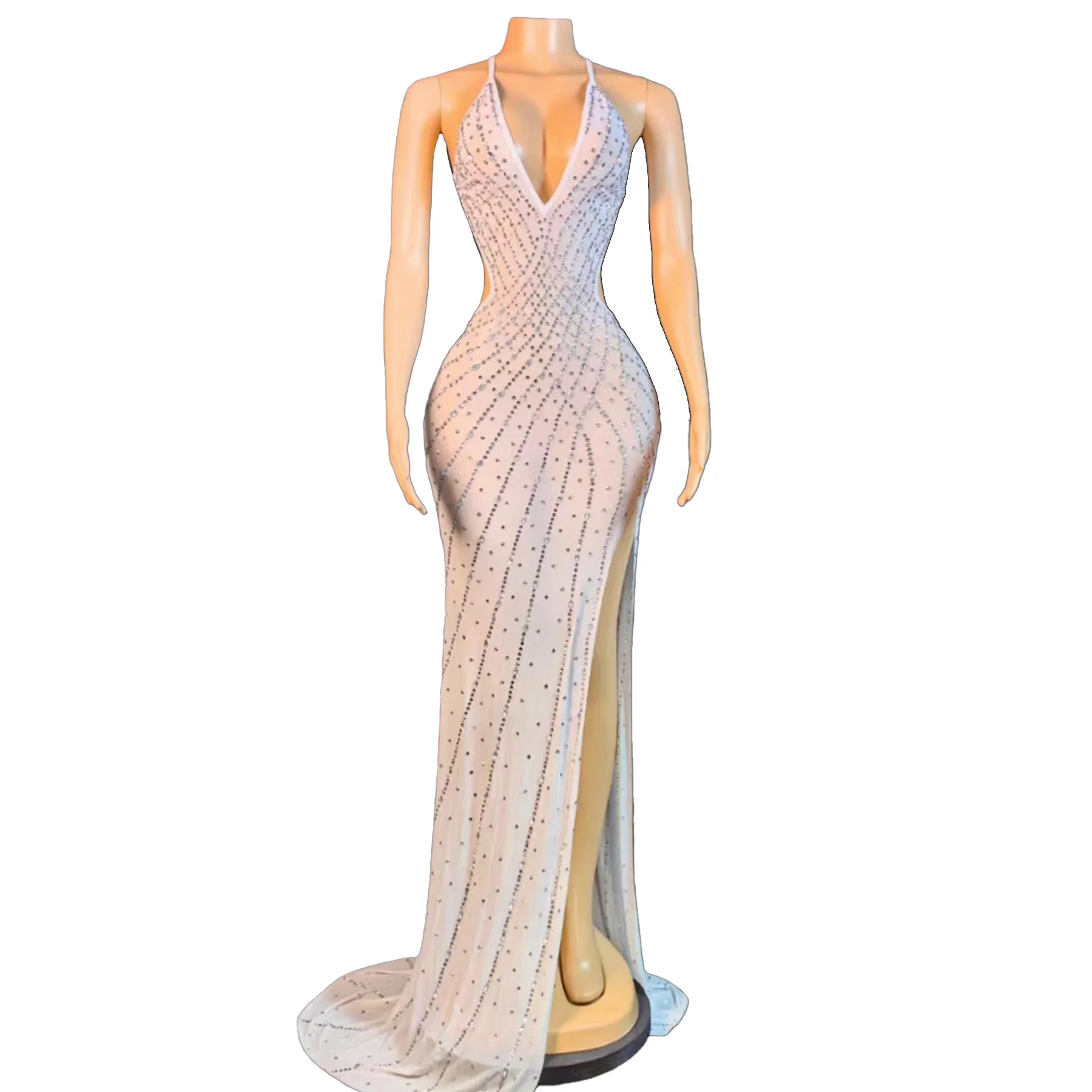 Babagan أنيقة المرأة عارية الذراعين ثوب مسائي مثير الأبيض بقماش شفاف معلقة الرقبة شق تنورة طويلة عيد ميلاد العودة للوطن فساتين حفلات