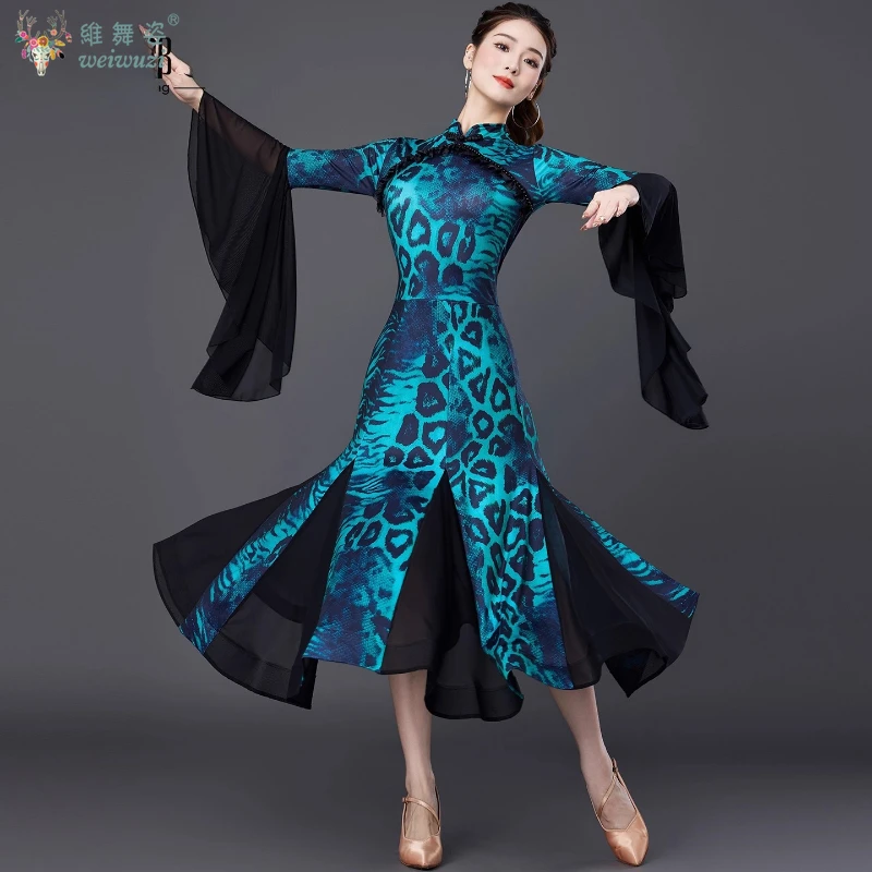 

New Modern Ballroom Dance Slim Fit Splicing Leopard Print Dress Tango Waltz National Standard Dance Performance Costume Clothes
