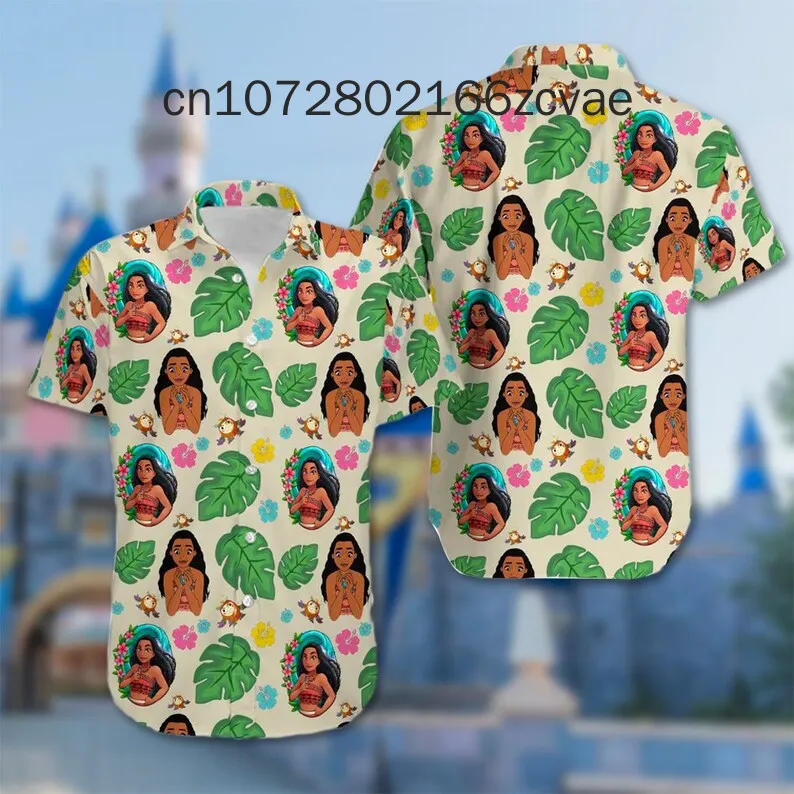 2024 Disney Moana and Maui Men and Women Hawaiian Shirt Land Trip Hawaiian Shirt Vacation Holiday Beach Short Sleeve Shirt