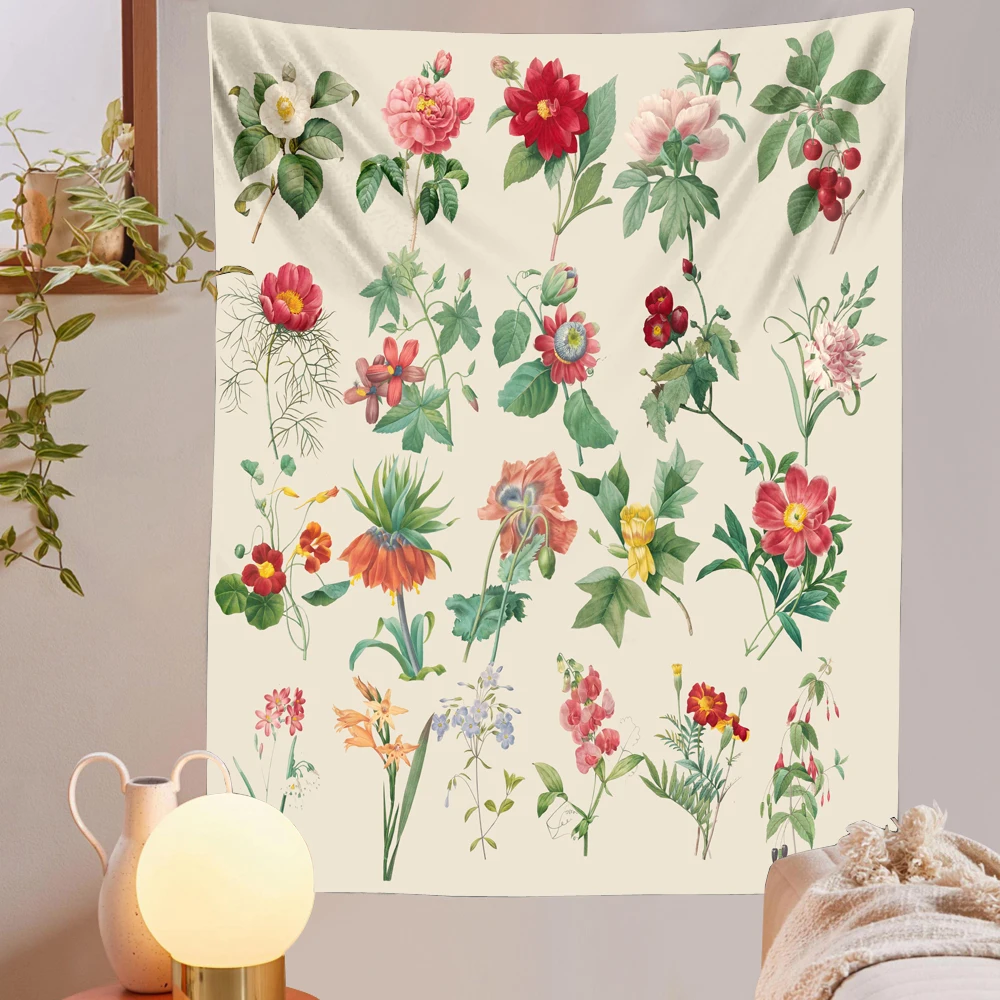 

Botanical Flower Tapestry Floral Print Wall Hanging Boho Hippie Flower Tapestry Dorm Bedspread Witchcraft Background Decor