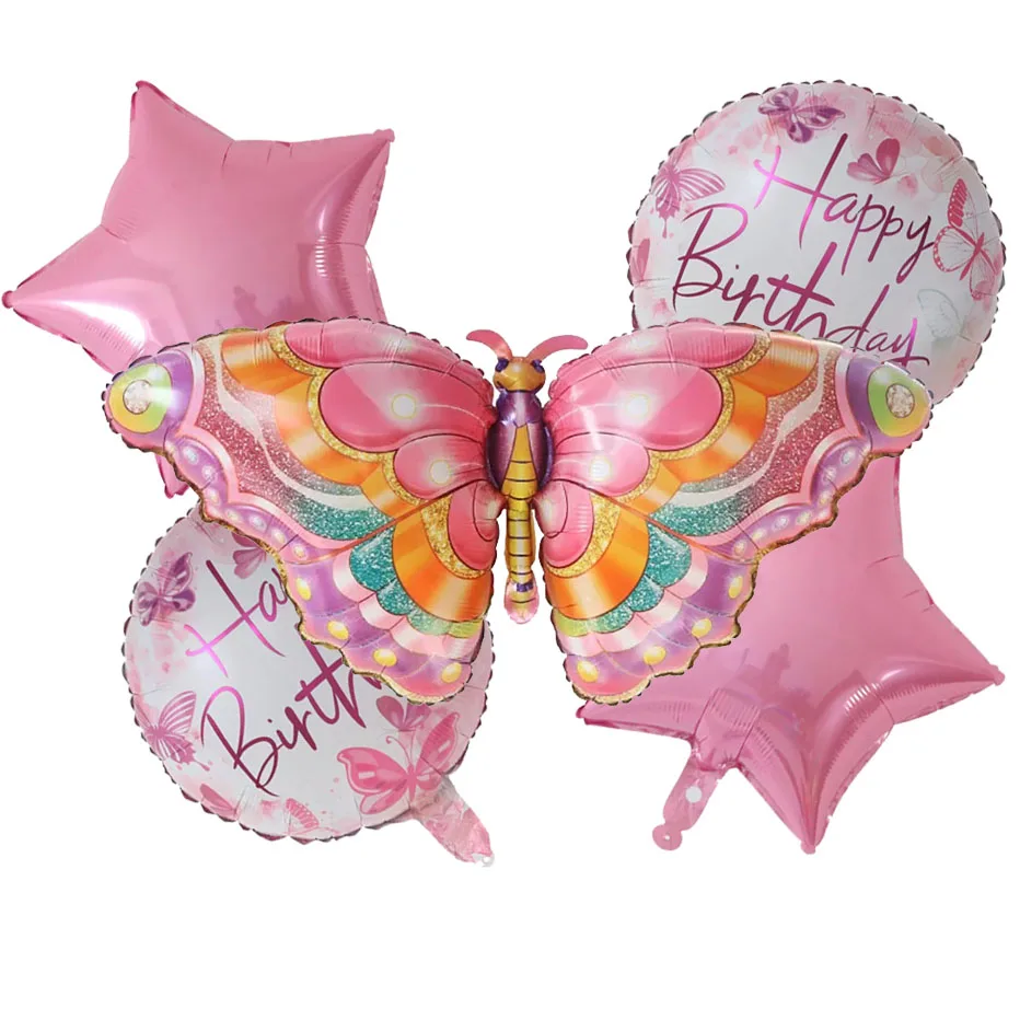 5 Pcs Big Butterfly Birth Day Balloons Set Bow Air Globos Home Birthday Wedding Decorations Baby Shower Supplies Kids Toys Gifts