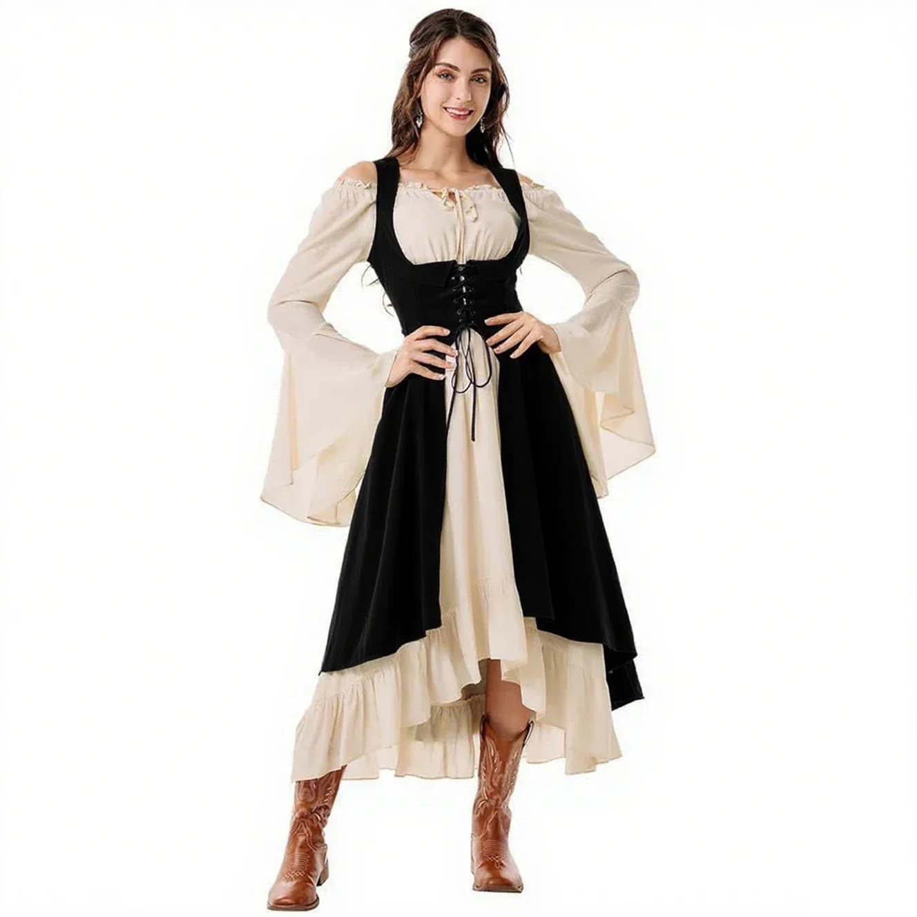 Disfraz Renacentista para Mujer, Disfraz de Pirata para Halloween, Vestido Medieval de Campesina, Vestido de Hada de Manga Corta