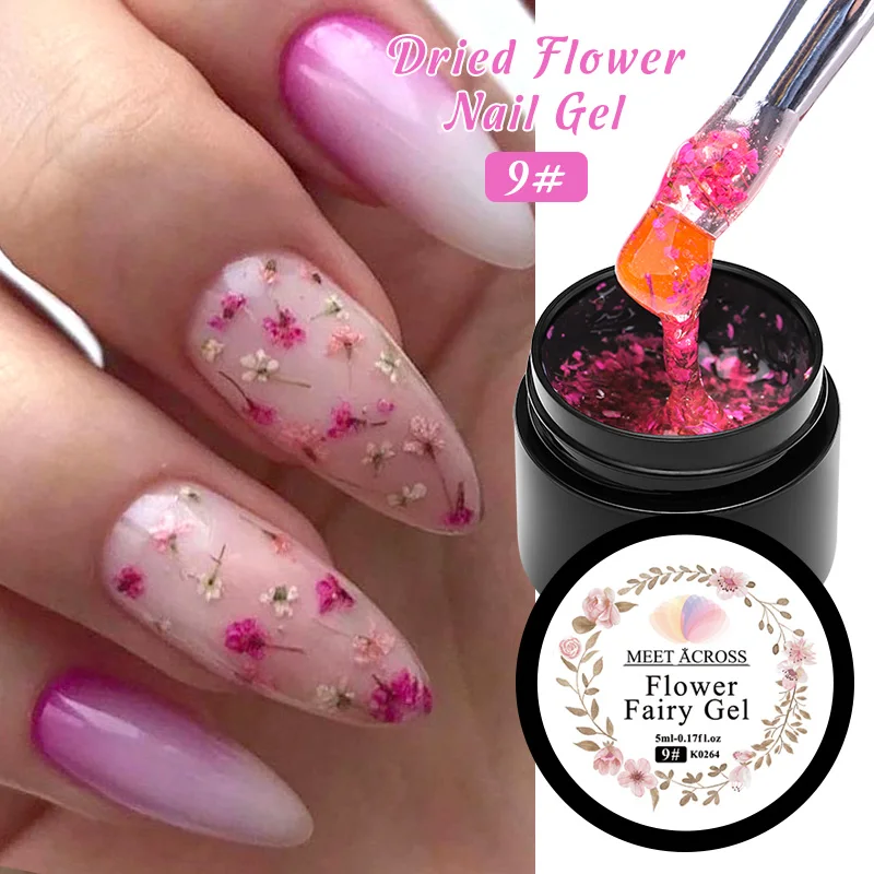 MEET ACROSS Pink Purple Blue Dried Flower Gel Nail Polish Summer Natural Flower Nail Art Painting Soak Off UV LED Gel Varnishes