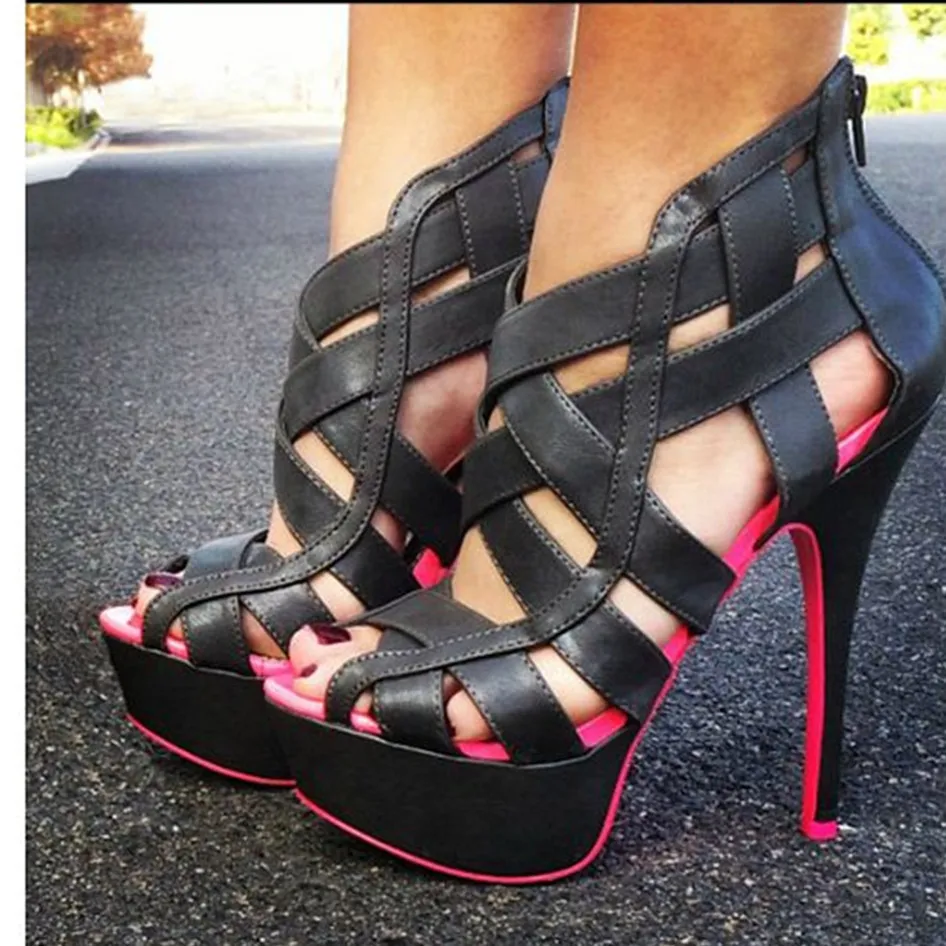 

Sexy Peep Toe Women Sandals Big Size 46 Summer Shoes Woman High Heels Black Platform Sandalias Cut-outs Runway Party Pumps