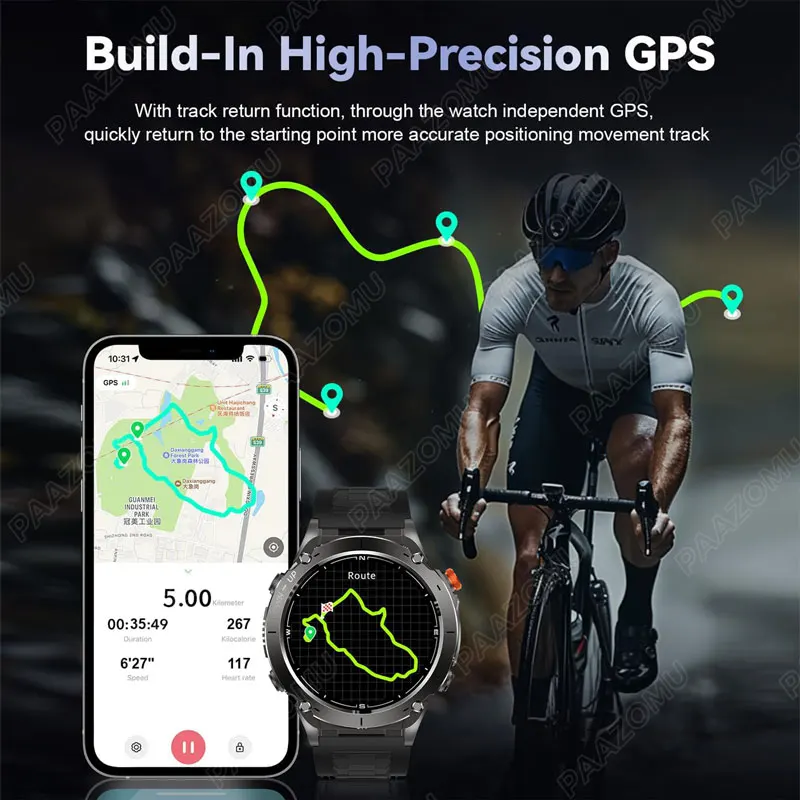 New GPS Outdoor Sport SmartWatch 1.43'' HD AMOLED Flashlight 730mAH 3ATM Waterproof Compass Air Pressure Altitude For HUAWEI