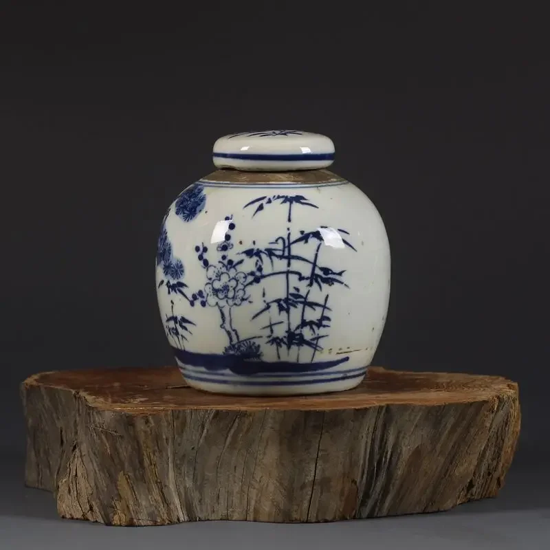 Chinese Blue and White Porcelain Pine Bamboo Pattern Jar Pot Tea Caddy 4.1 inch