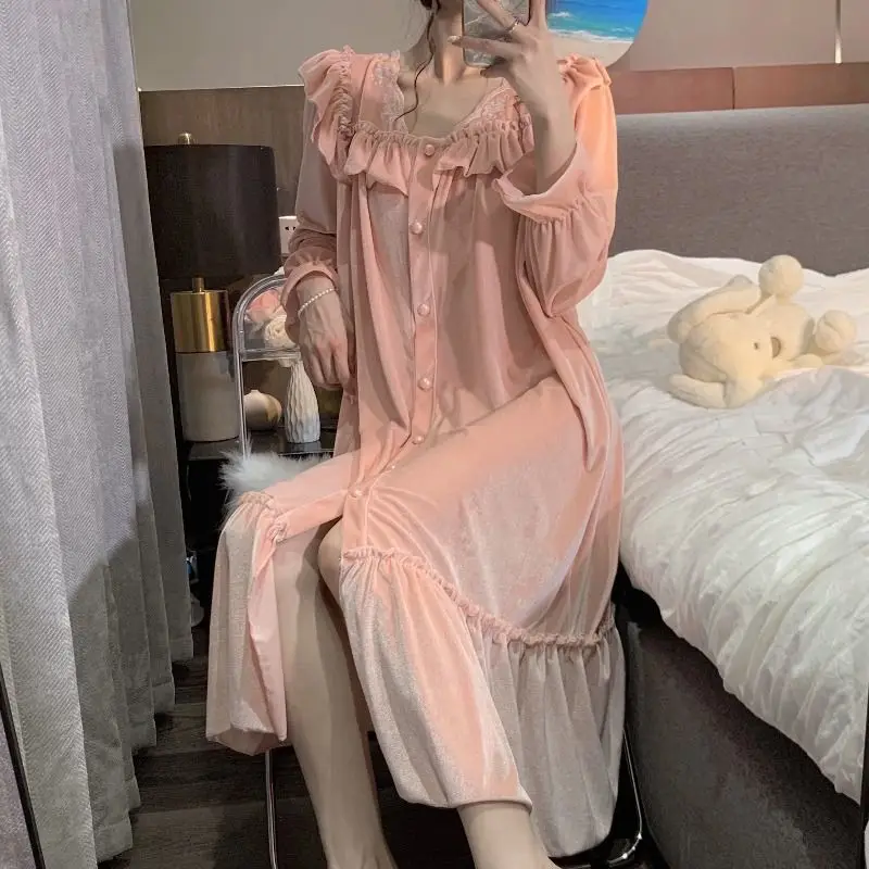 Velvet Nightgown Sleepwear Womens Elegant Ruffles Night Dress One Piece Pajamas Korean Autumn Long Sleeve Solid Home Wear 2023