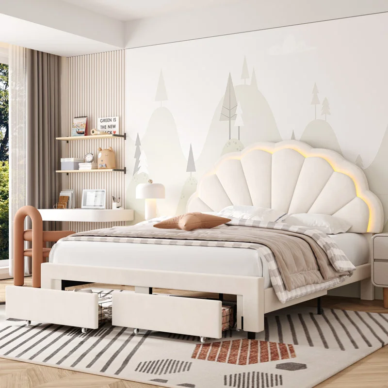 Kainice Mid century Modern Light Headboard king Size Velvet Kid Bed Frame Up-holstered Storage Queens Beds for Bedroom
