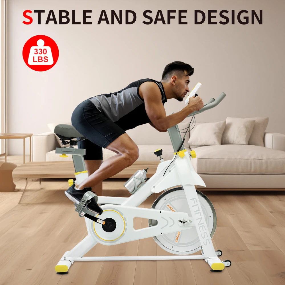 

Sturdy Exercise Bike Cycling Bike Yellow White 30 pound Flywheel Adjustable Seat LCD Display Comfortable Cushion Cardio Fitness