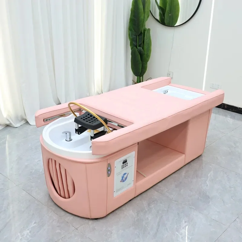 Head SPA Massage Shampoo Bed, Head Therapy Bed, Thai Massage Table with Foot Bath Basin, Lift the Upper Body to Soak Feet, Pink