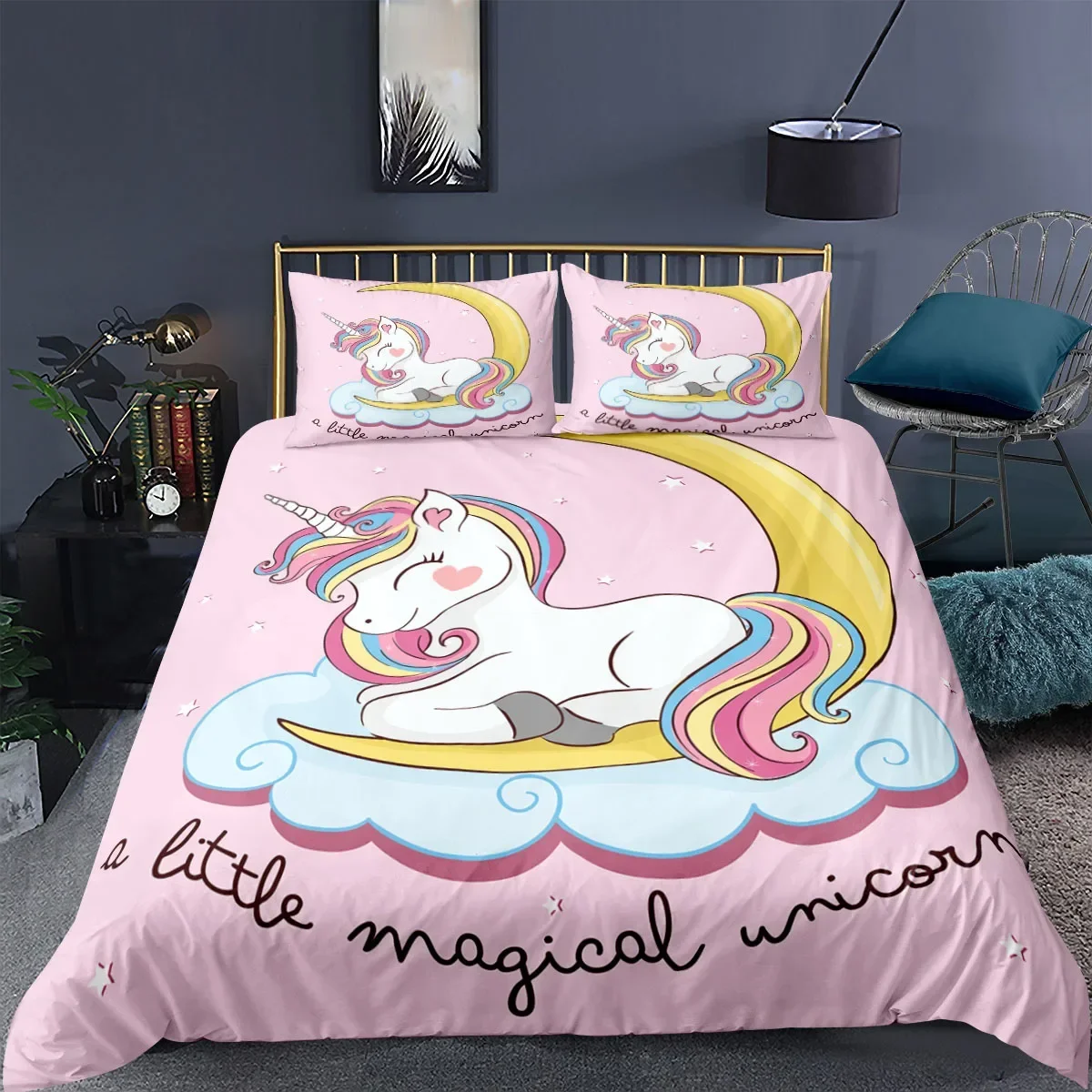 Unicorn Bedding Set King Queen White Pink Unicorn Duvet Cover for Girls Kids Dreamy Cartoon Sparkle Lilac Polyester Quilt Cover