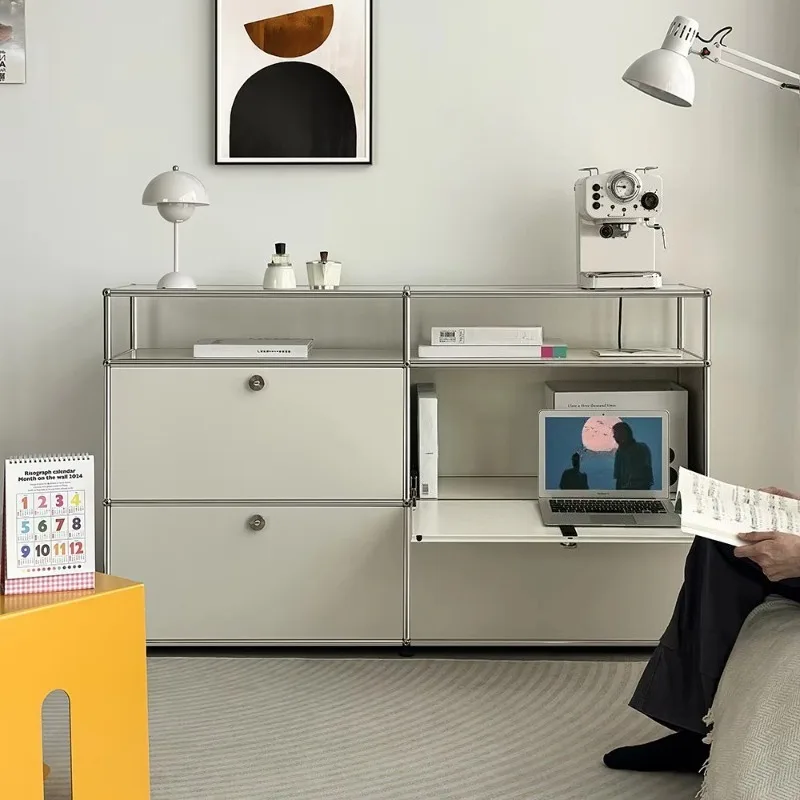 Modern Minimalist Modular Storage Side Cabinet 5+ Compartments Stainless Steel Frame Freestanding Organizer for Living Room