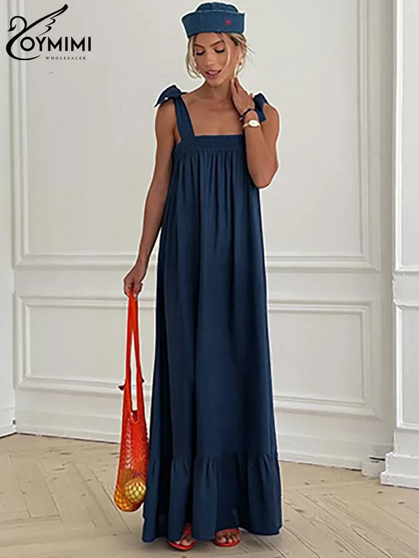 

Oymimi Fashion Blue Cotton Womens Dresses Elegant Spaghetti Strap Loose Dresses Casual Pleated Ankle-Length Dress Streetwear