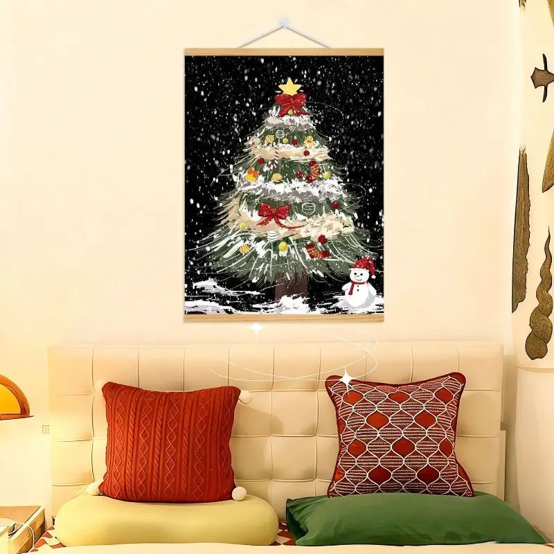 VIKAMA Wall Tapestry Cartoon Christmas Tree Snowman Merry Christmas Red Festive Home Decor Living Room Bedroom Dorm Print Gift