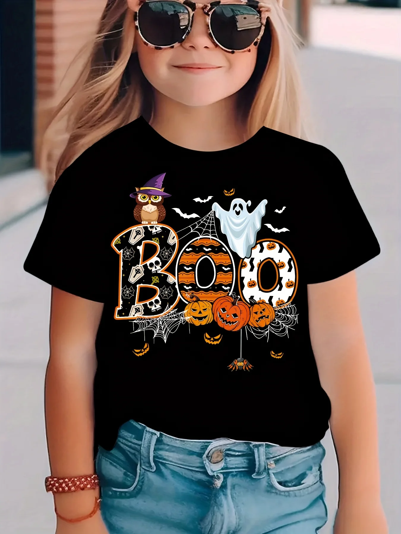 

2025 New Girls Halloween Pumpkin Print Casual T-shirt, Short-sleeved Round Neck Loose T-shirt, Halloween Theme Casual Clothing