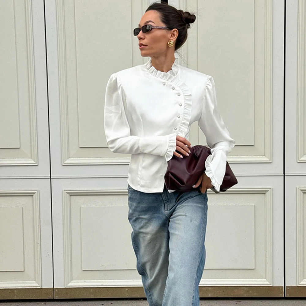 

Tuularose Ruffle Cardigan Women White Summer Single Breasted Elegant Shirt Fashion Patchwork Lapel Casual Luxury Party Blouses