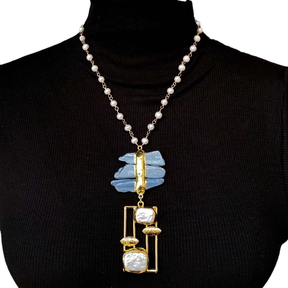 Handmade Blue Kyanite Rectangl - огляд і ціна Baroque Pearl Pendant Necklace Gold
