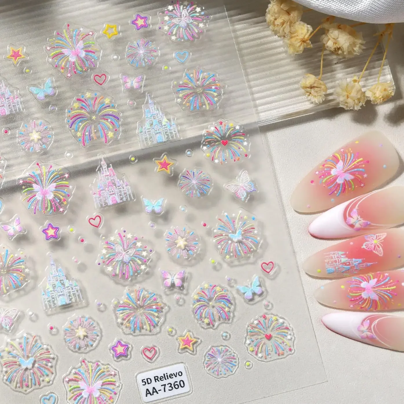 1 Set 5D Embossed Color Firework Nail Stickers Castle Self Adhesive DIY Manicure Nail Decor Ornaments