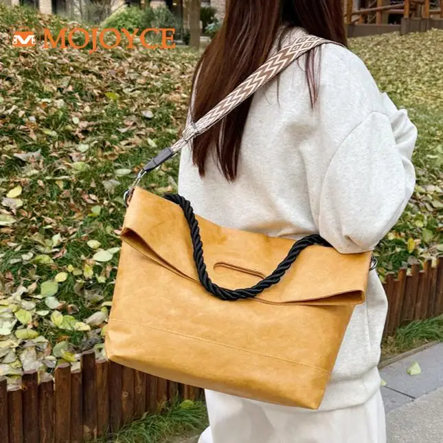 Women Washable Kraft Paper Fashion Shoulder Bags Large Capacity Folding Crossbody Bag Hasp Closure Casual Tote Bag Solid Handbag