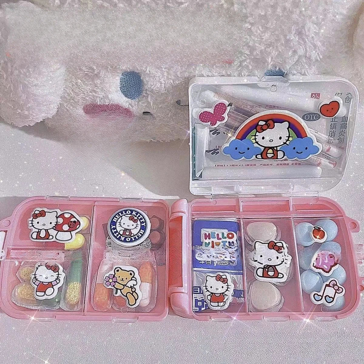 Anime Sanrio hellos kittys กล่องยาแบ่งชั้นสามชั้นของขวัญเดินทางของเด็กผู้หญิงจัดเก็บเครื่องประดับพกพาขนาดเล็ก