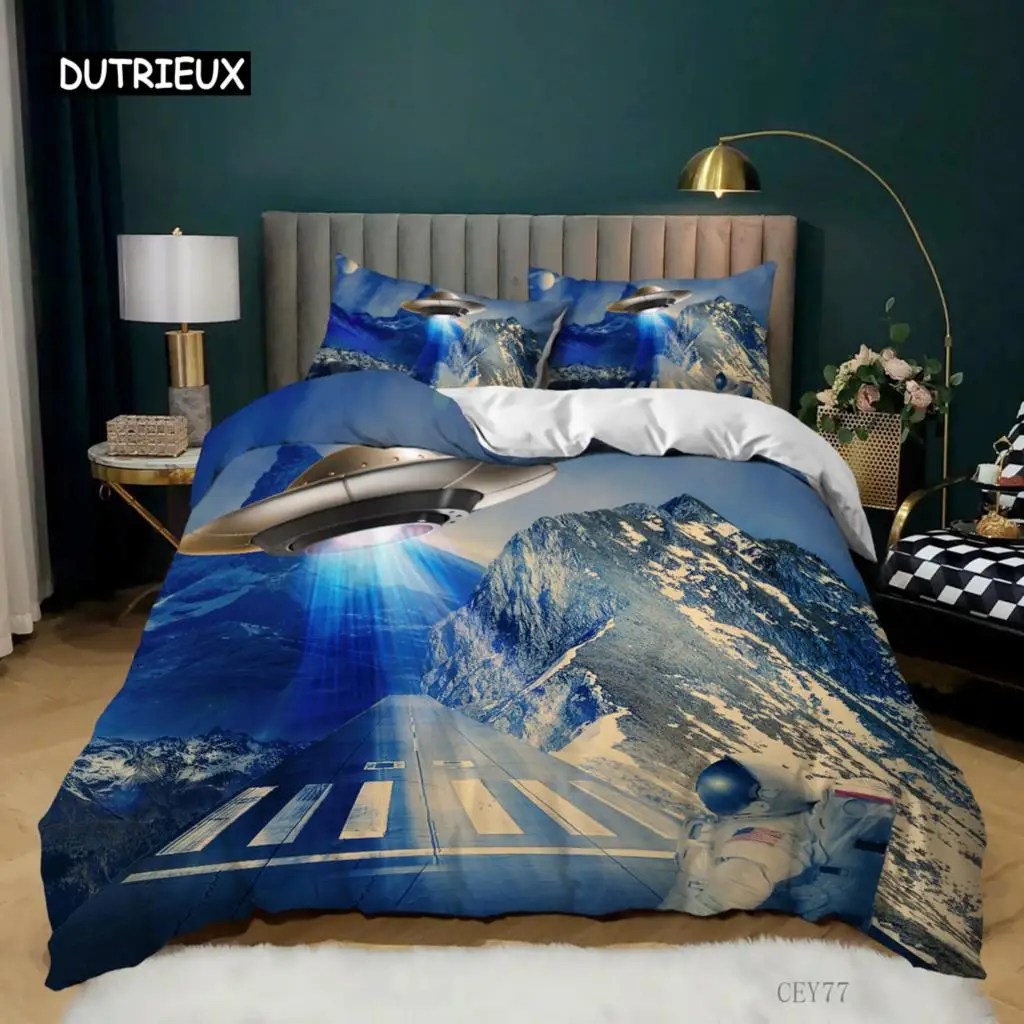 Spacecraft Duvet Cover Set King Microfiber Science Fiction Spaceship Bedding Set Snow Mountain Astronaut Spaceship Quilt Cover