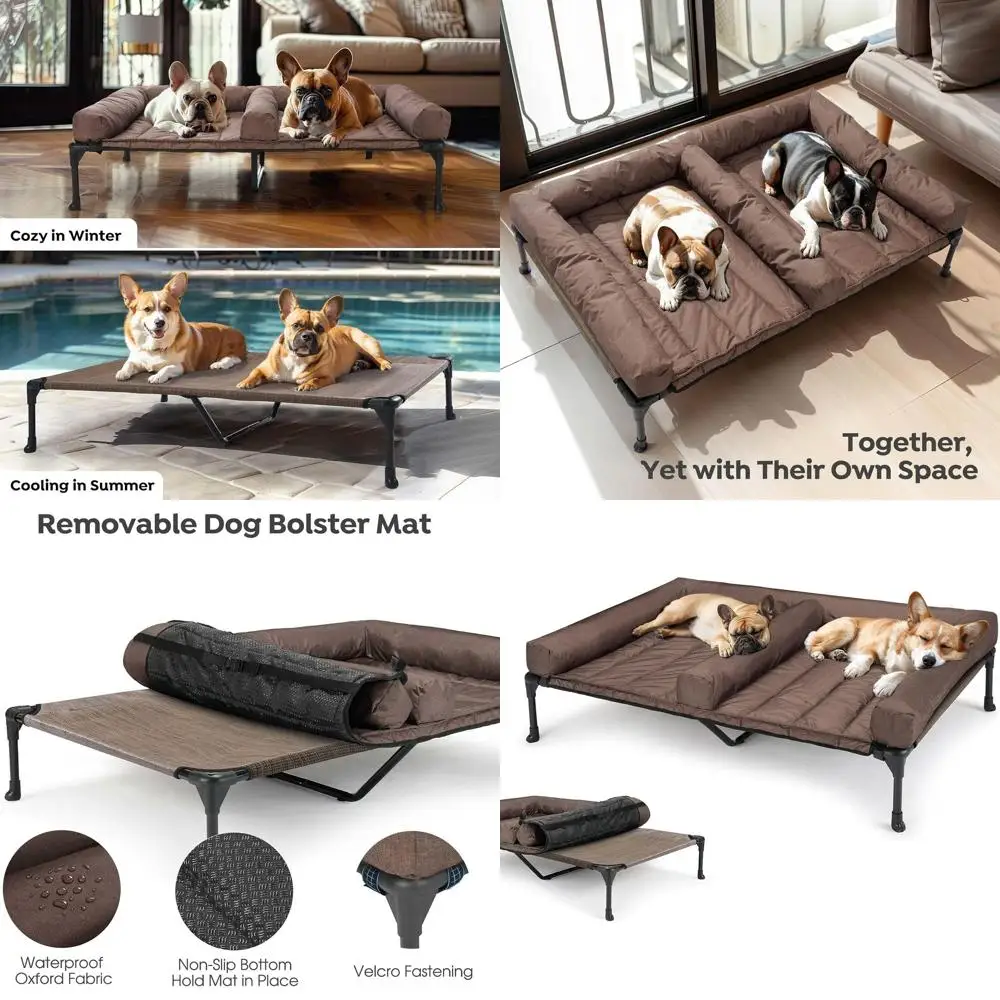 

Приподнятая двуспальная кровать для собак со съемными подушками, водонепроницаемая подставка, сетка, нескользящие ножки, коричневый CWC2331D