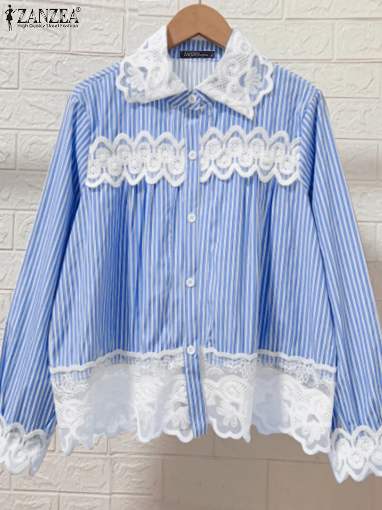 ZANZEA Damskie Koszule w Paski Modna Bluzka z Długim Rękawem i Koronką 2025 Codzienna Tunika Patchworkowa Oversize Jednolita OL Do Pracy Falbanki Pulowery