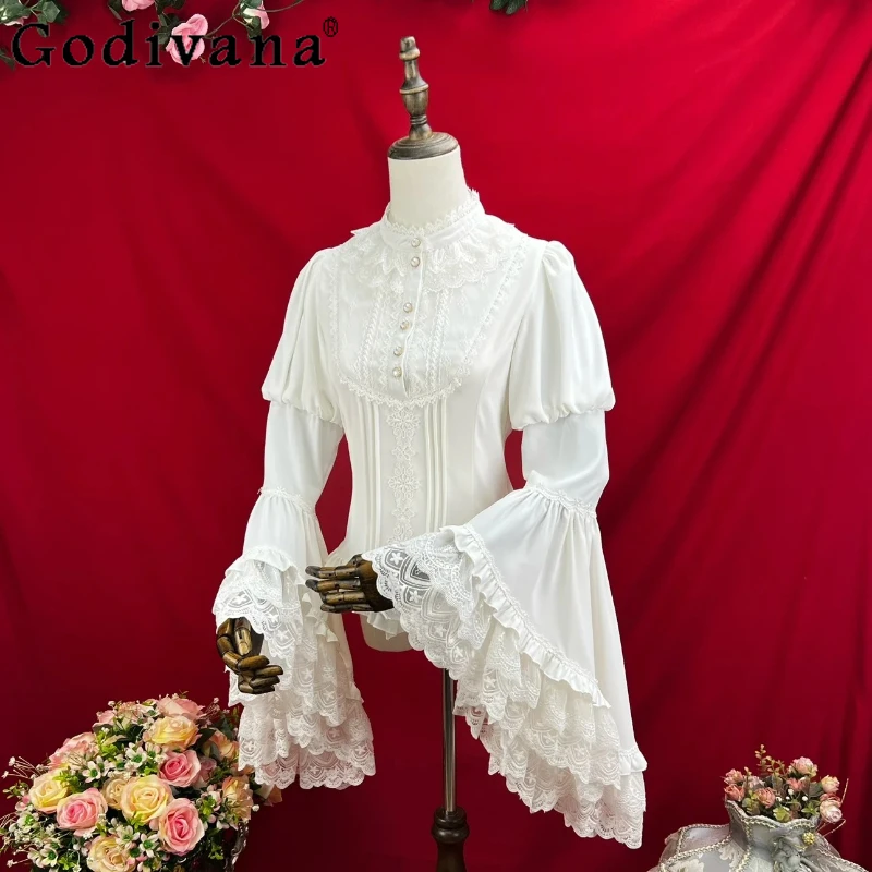 Lolita อารมณ์ Big Flare Sleeve Elegant Stand-up COLLAR เสื้อ 2025 สาวใหม่ Ruffles ลูกไม้หวาน SLIM FIT ลดอายุ TOP