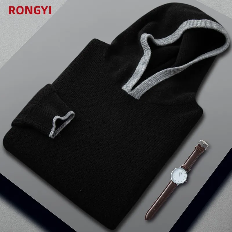 RONGYI 100% Pure Goat Cashmere Men\'s Sweater Pullover Autumn And Winter Thickened Keep Warm Casual Hooded Knitted Loose Top