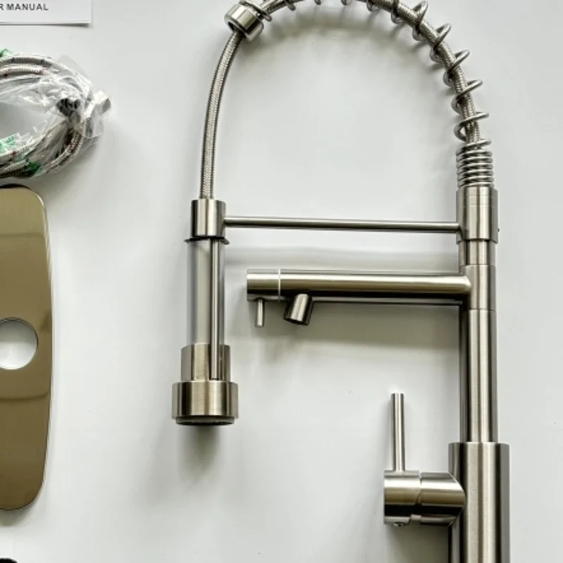

Brushed Nickel Kitchen Faucet with Pull Down Sprayer Solid Brass Spring Single Handle Sink Faucet High Arc Mixer Tap