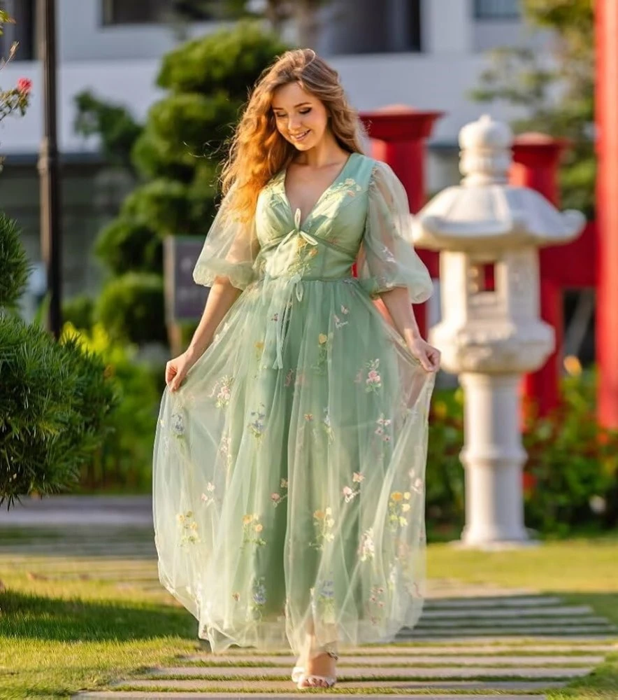 

Green Summer Long Dress Sexy V-Neck Floral Lace Appliques Tulle Half Sleeve Evening Dresses Bandage Backless Ankle-Length Dress