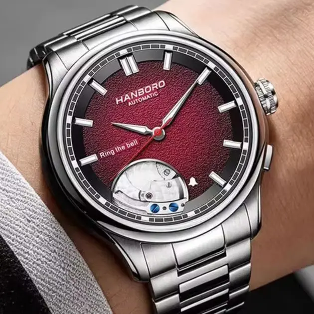 HANBORO Men Automatic Watch 41.5mm Alarm Mechanical Wristwatch Waterproof Sapphire Mirror Luminous Ring The Bell Miyota9015