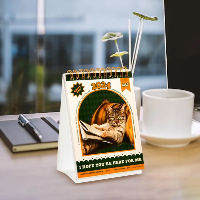 Stand Up Desk Calendário com Cat Stickers, Mini Calendário Desktop, 2024, Único