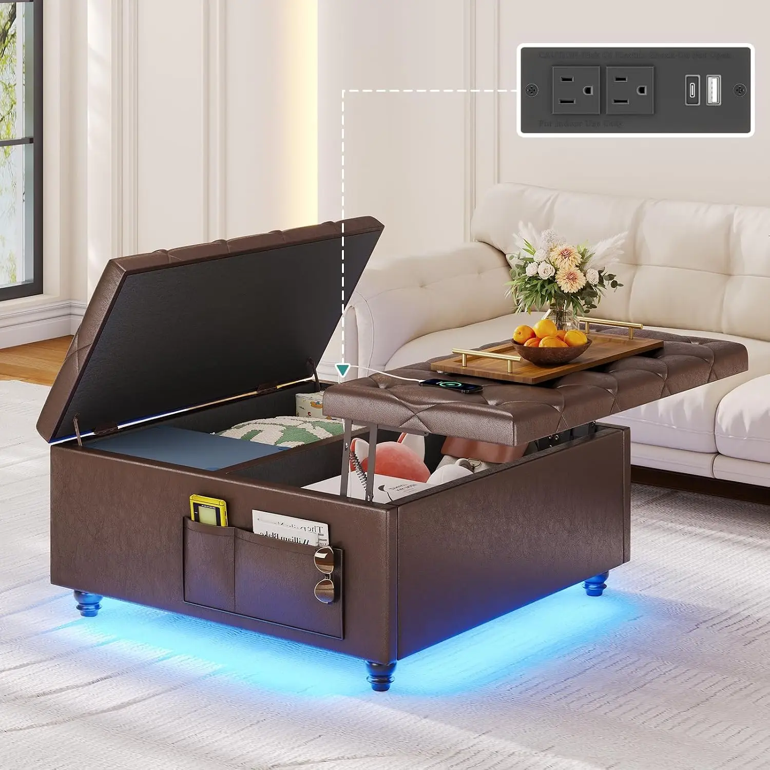 Square Storage Ottoman Coffee Table LED Light Bench Living Room Bedroom 38cm, Customized