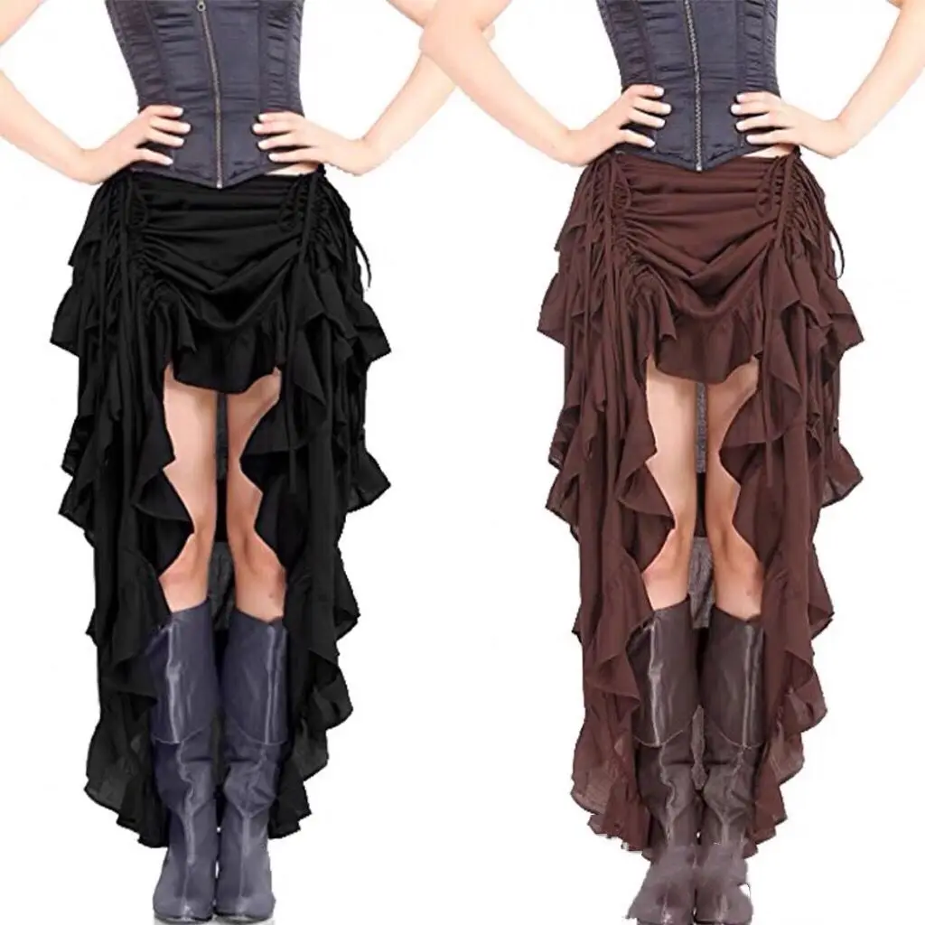 Steampunk, Dark Goth, Irregular Black Long Skirt, Medieval Pirate Court, Short Front And Long Back Half Skirt