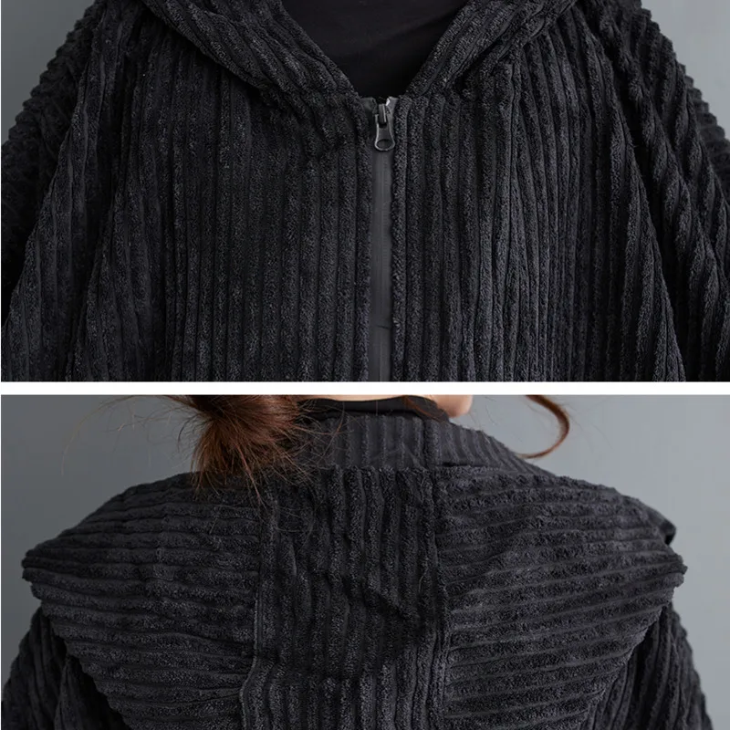 #4078 Autumn Winter Black Hooded Corduroy Ponchos And Capes Women Zipper Loose Batwing Sleeve Asymmetrical Coat Loose Outerwear