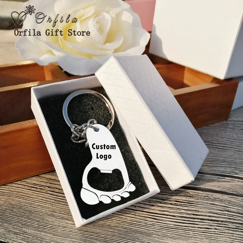 

Personalized logo Baby Foot Shaped Keychain Bottle Opener Baby Shower Favor Baptism Celebration Party Souvenir Gifts For Guests