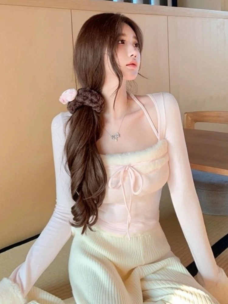 Sweet Sexy Pink Long Sleeve Top Women Fashion Lint Autumn Design Sweet Girl Aesthetic Tight Blouse Kawaii Warm Lovely T-shirts