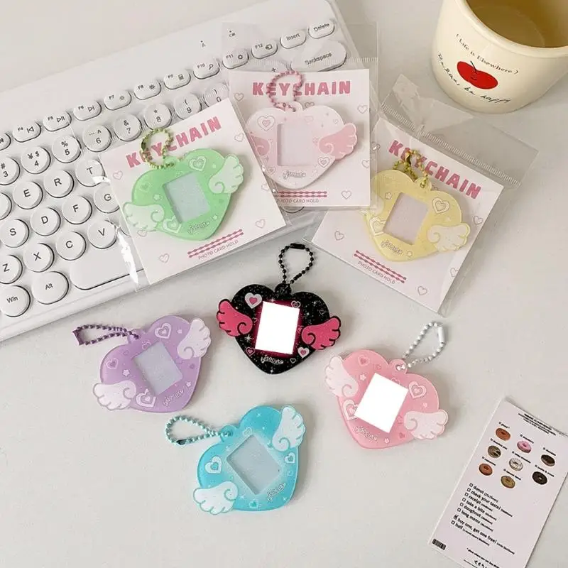 COTE HEART HEART WING PHOTO CARD HOLDERキーチェーンチェーン付き1インチ写真保護スリーブバッグ財布ペンダントY4QC