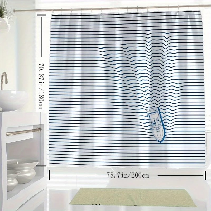 Nautical Blue Stripe & Boat Print Shower Curtain - Waterproof, Machine Washable with Hooks Included - Perfect for All Seasons Sh