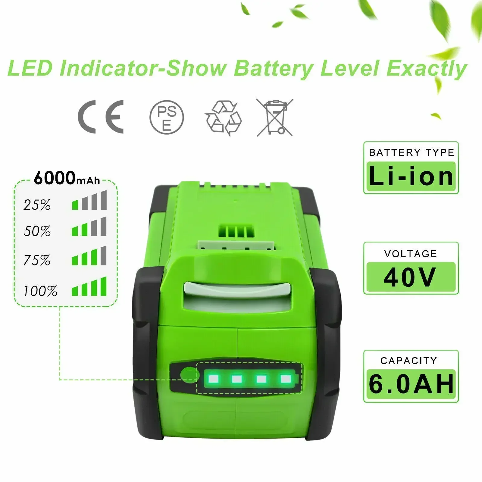 Batería de iones de litio de 6000mAh para Greenworks 40V 6ah batería 29472 29462 25322 24252 29727 29717 RU 40v para batería greenworks