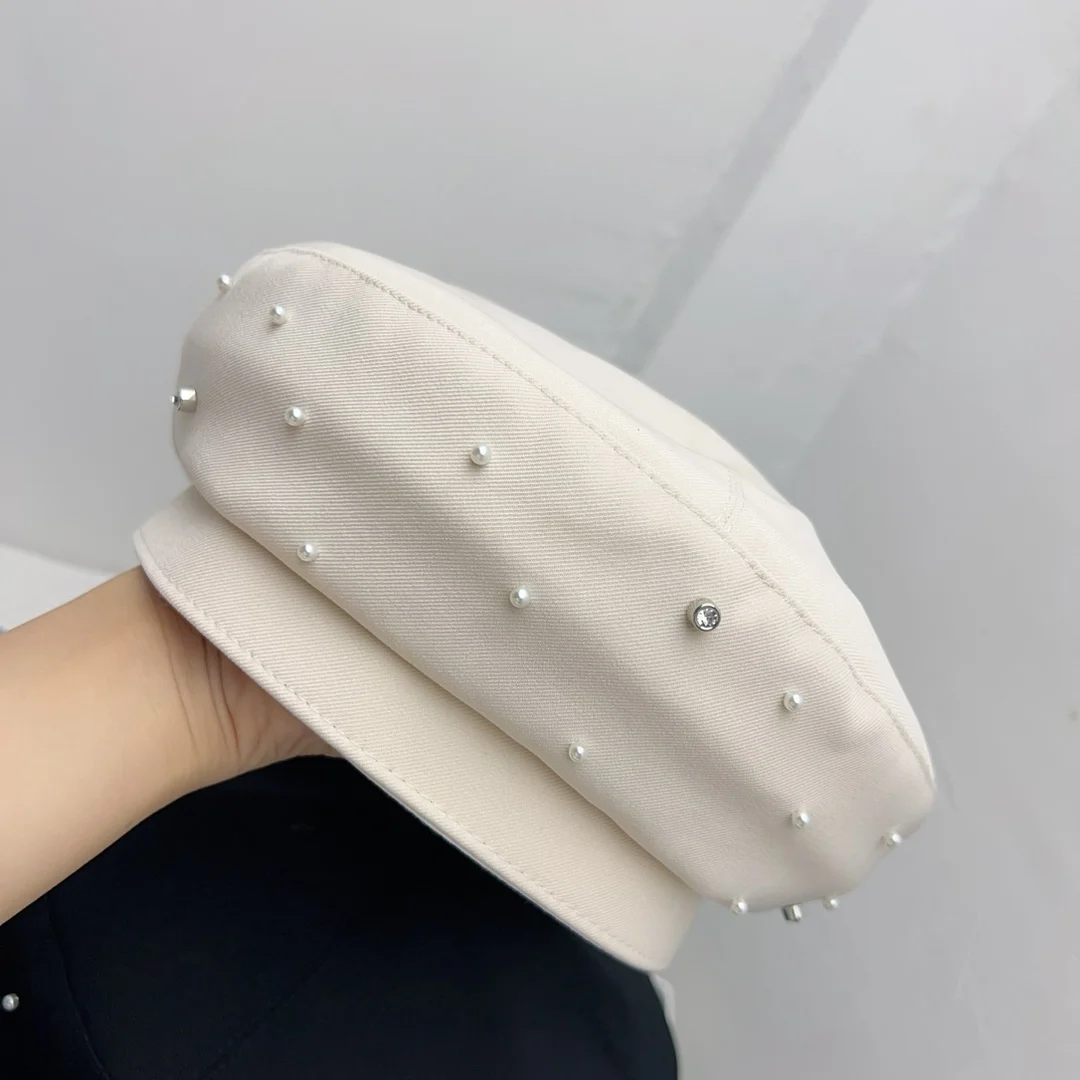 Woman Autumn Winter French Rhinestone Pearls Berets for Female French Classic Artist Cap Retro Solid Color Lady Caps