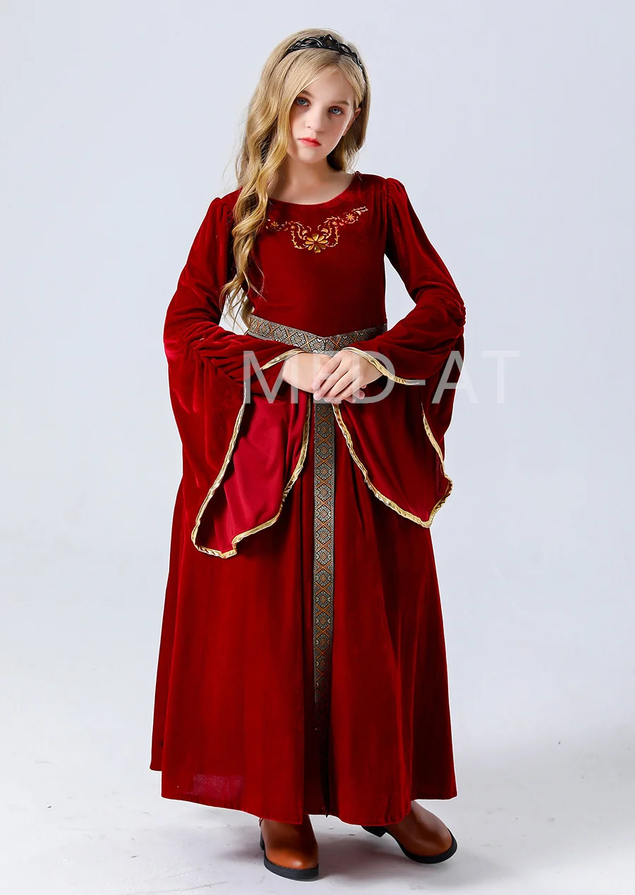 Girl\'s Medieval Dress Victorian Palace Royal Princess Costume Renaissance Halloween Vampire Cosplay Kids Long Fancy Velvet Robe