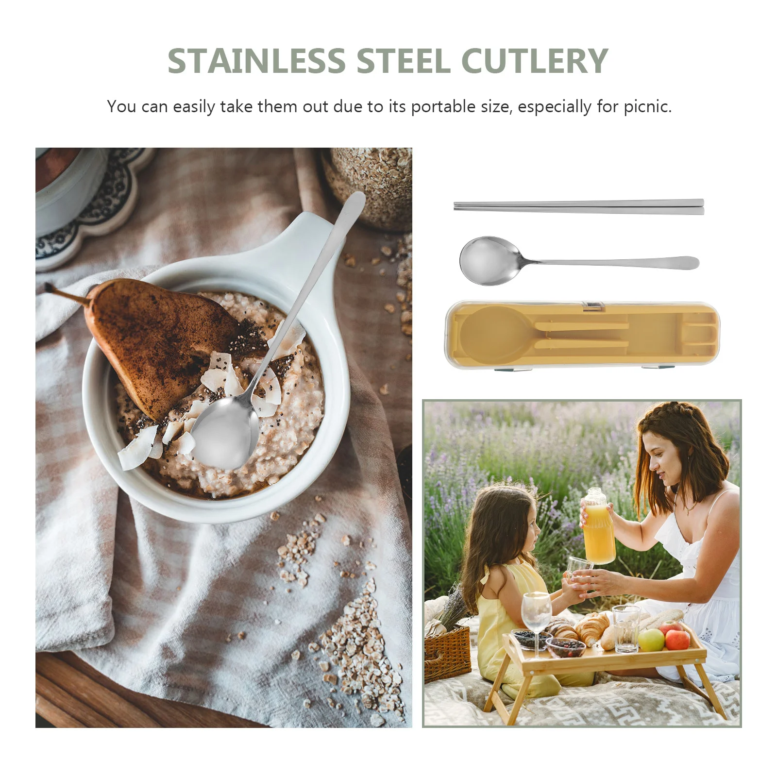 

1Set Stainless Steel Cutlery Set Portable Eating Tools for Outdoor Adventures Includes Spoon Chopsticks Carrying Case Rust
