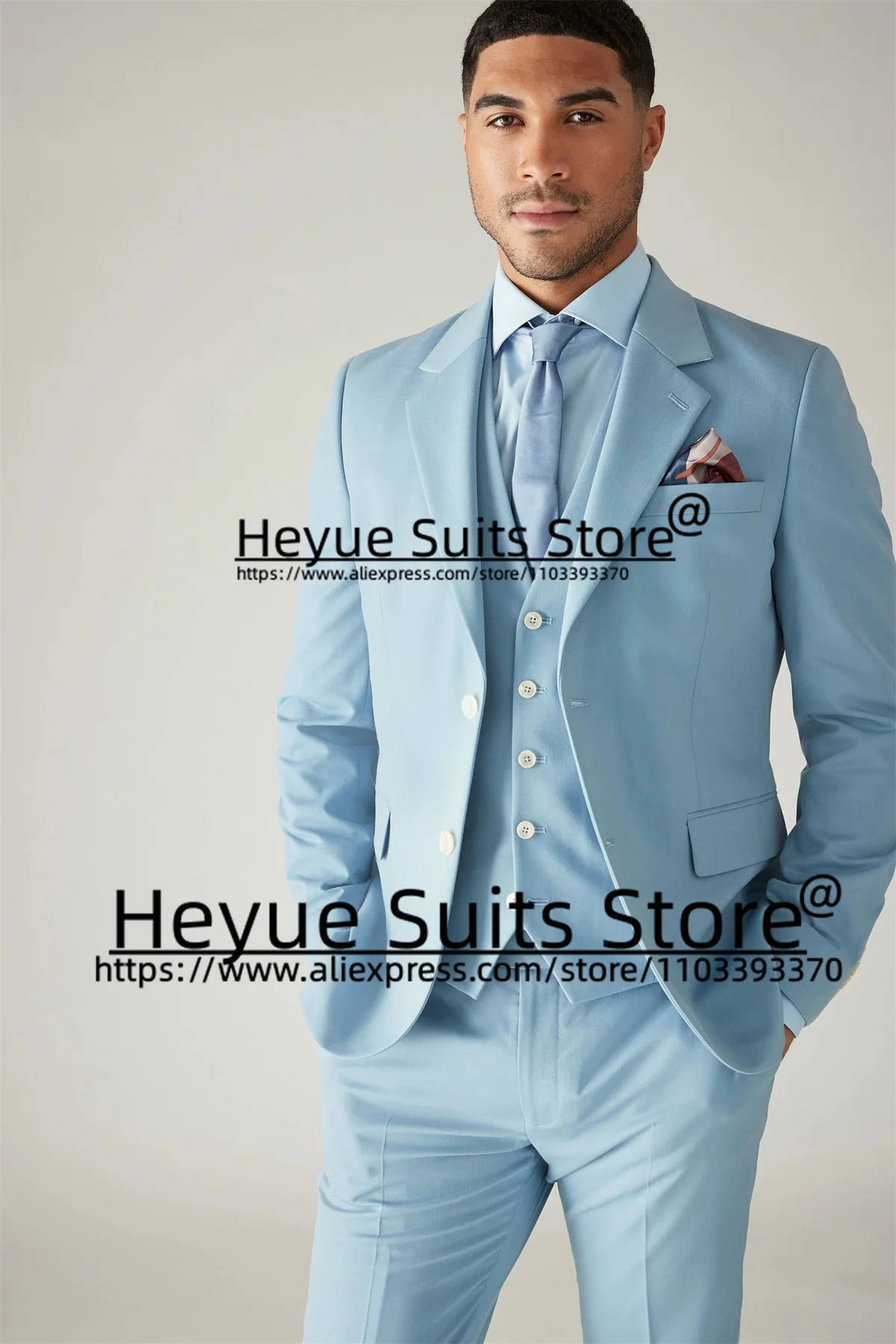 Handsome Sky Blue Wedding Suits For Men Slim Fit Notched Lapel Groom Tuxedos 3 Pieces Sets Fashion Male Blazers Costume Homme