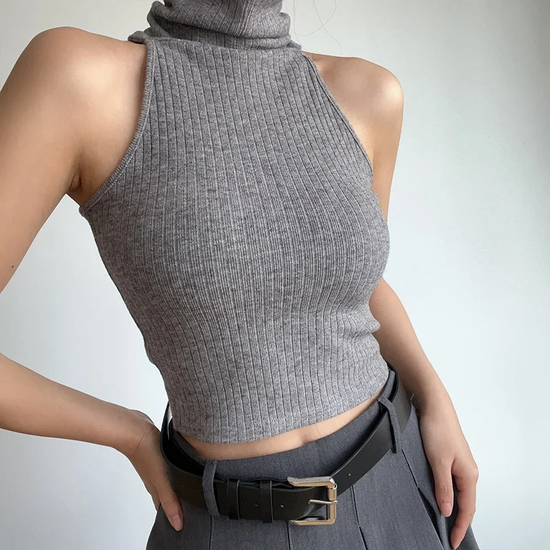 Knitting Tank Top Women Sexy Versatile Elastic Groove Strip Shoulder Cut High Waist Short Solid Color Turtleneck Vest Girl Top