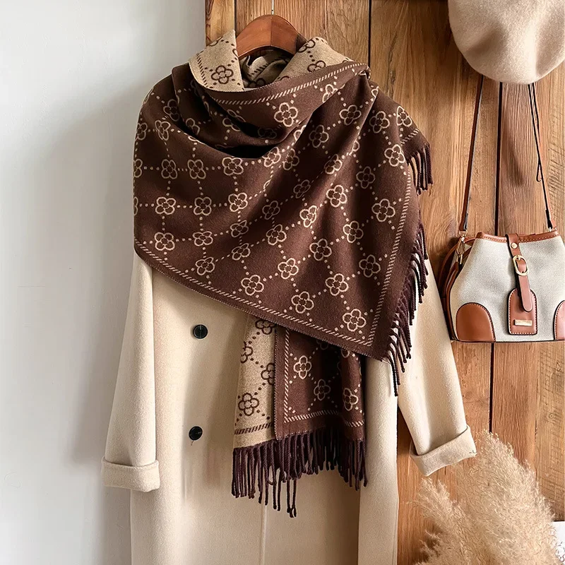 Feminino quatro folhas flor xale núcleo fio fiado imitação cashmere borla cachecol quente ar condicionado xale cachecol outono inverno