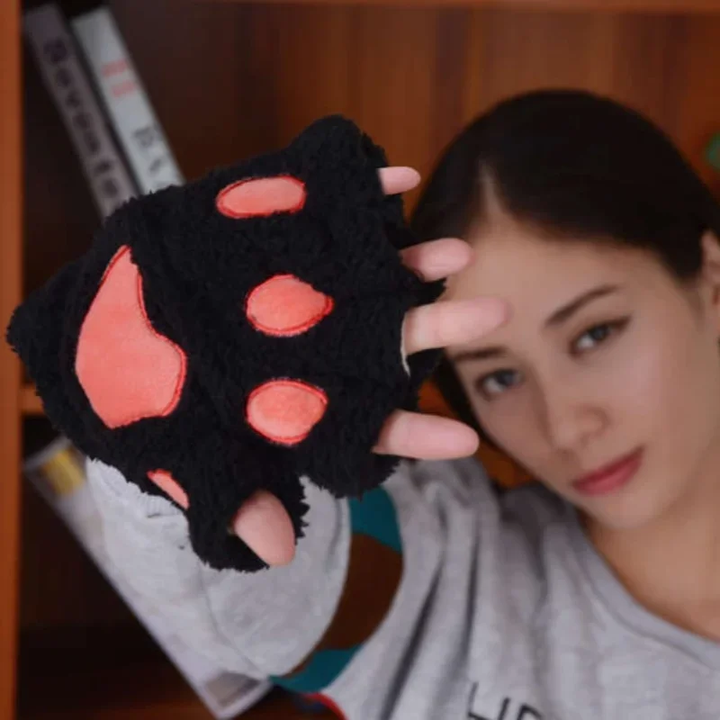 Warm Lovely Cat Claw Paw Mitten Plush Gloves Winter Soft Short Finger Half Gloves Bear Costume Half Finger Gloves Gift