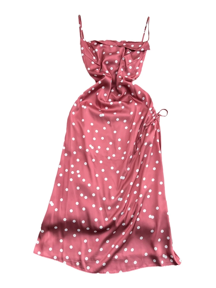 우아한 폴카 도트 비치 휴가 드레스 민소매 하이 웨이스트 a 라인 미디 스커트 한국 스타일 원 숄더 가운 여름 드레스