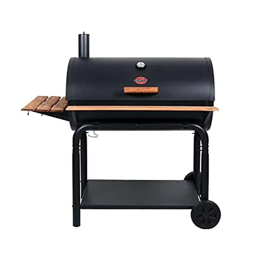 Outlaw Charcoal BBQ Grill Smoker Cast Iron Grates 950 Sq Inch Cooking Area Black Premium Wood Shelves & Tool Storage Hooks